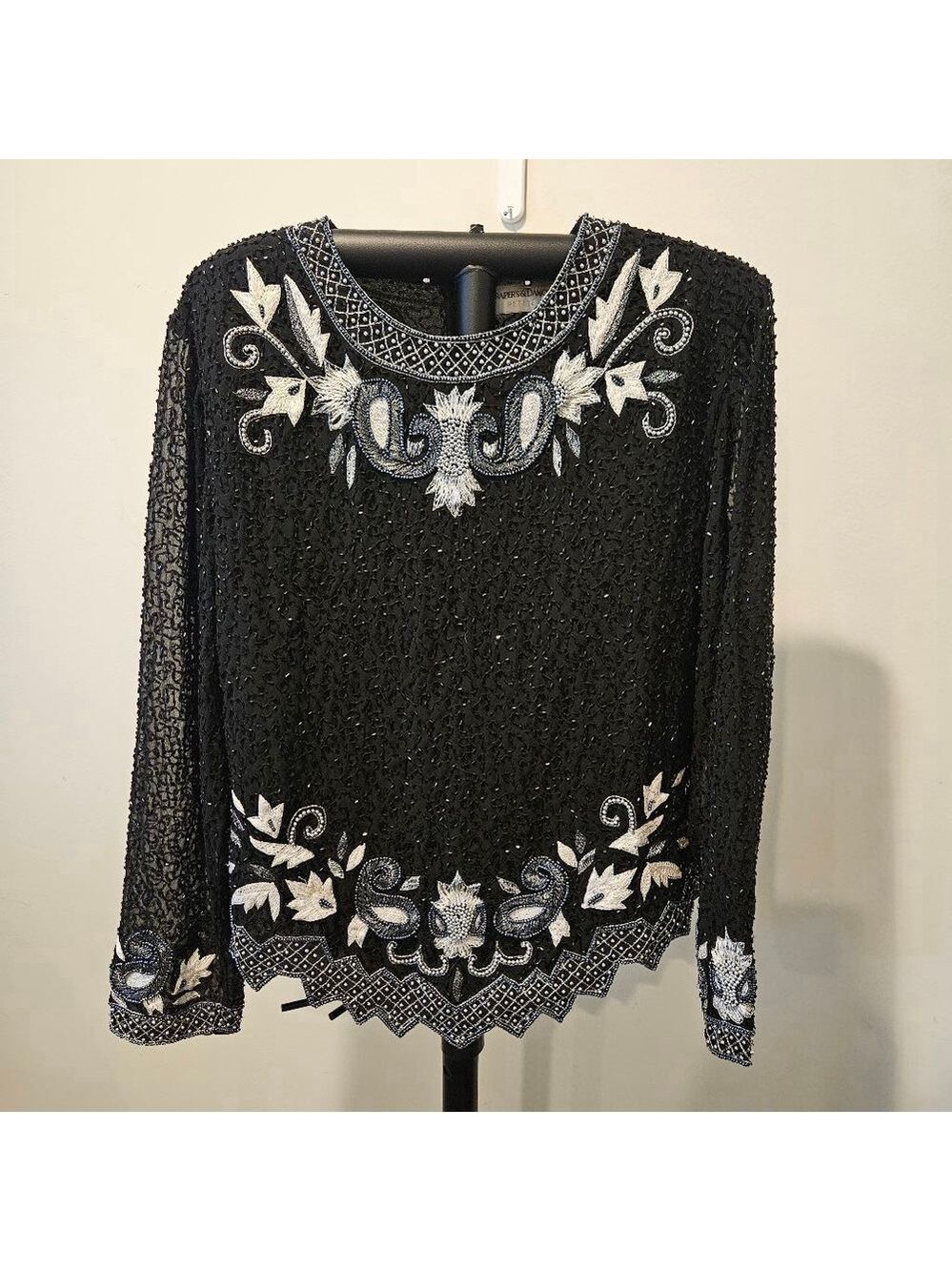 Women's Drapers & Damon's Vintage Beaded Silk Jagged V-Hemline Top PXL Black